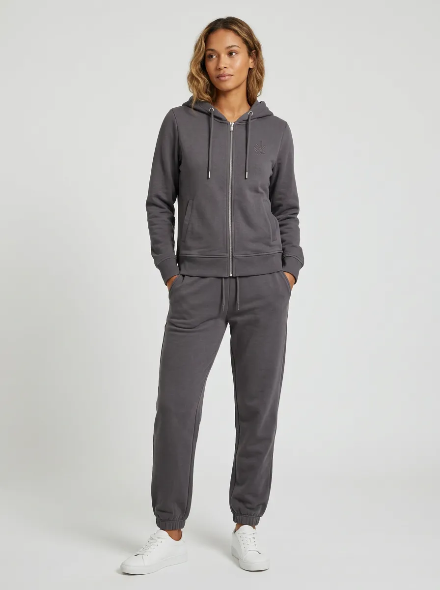 Women's Charcoal Botanical Leaf Embroidered Zip-Up Hoodie Jacket & Jogger Set