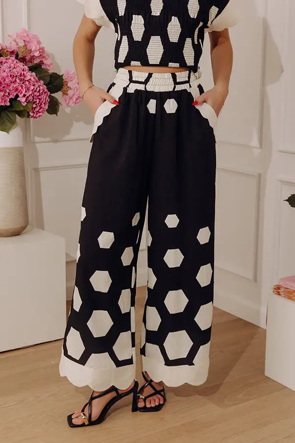 High Waist Wide Leg Scalloped Elastic Waist Pants