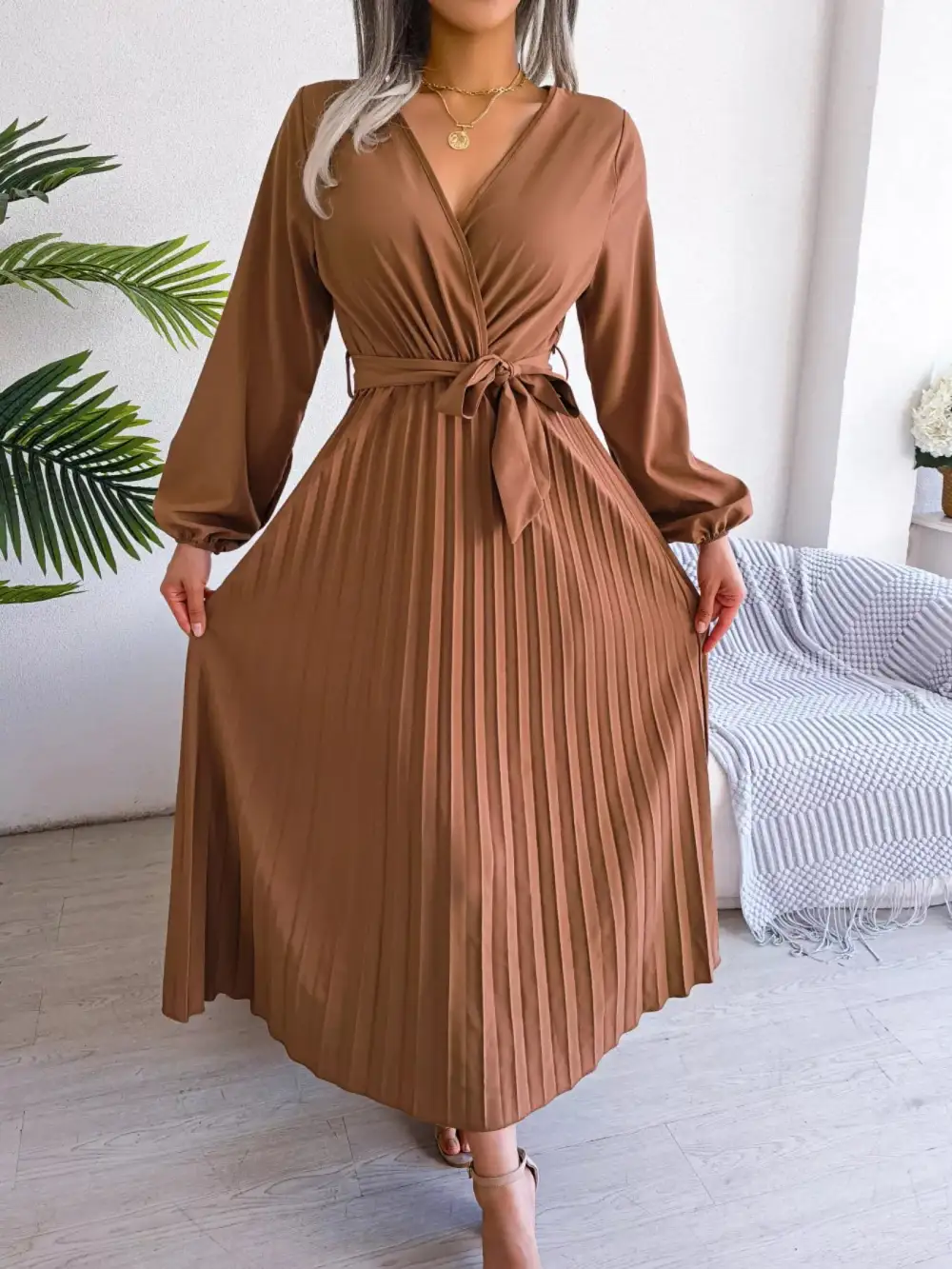 Pleated Long Sleeve Dress Casual