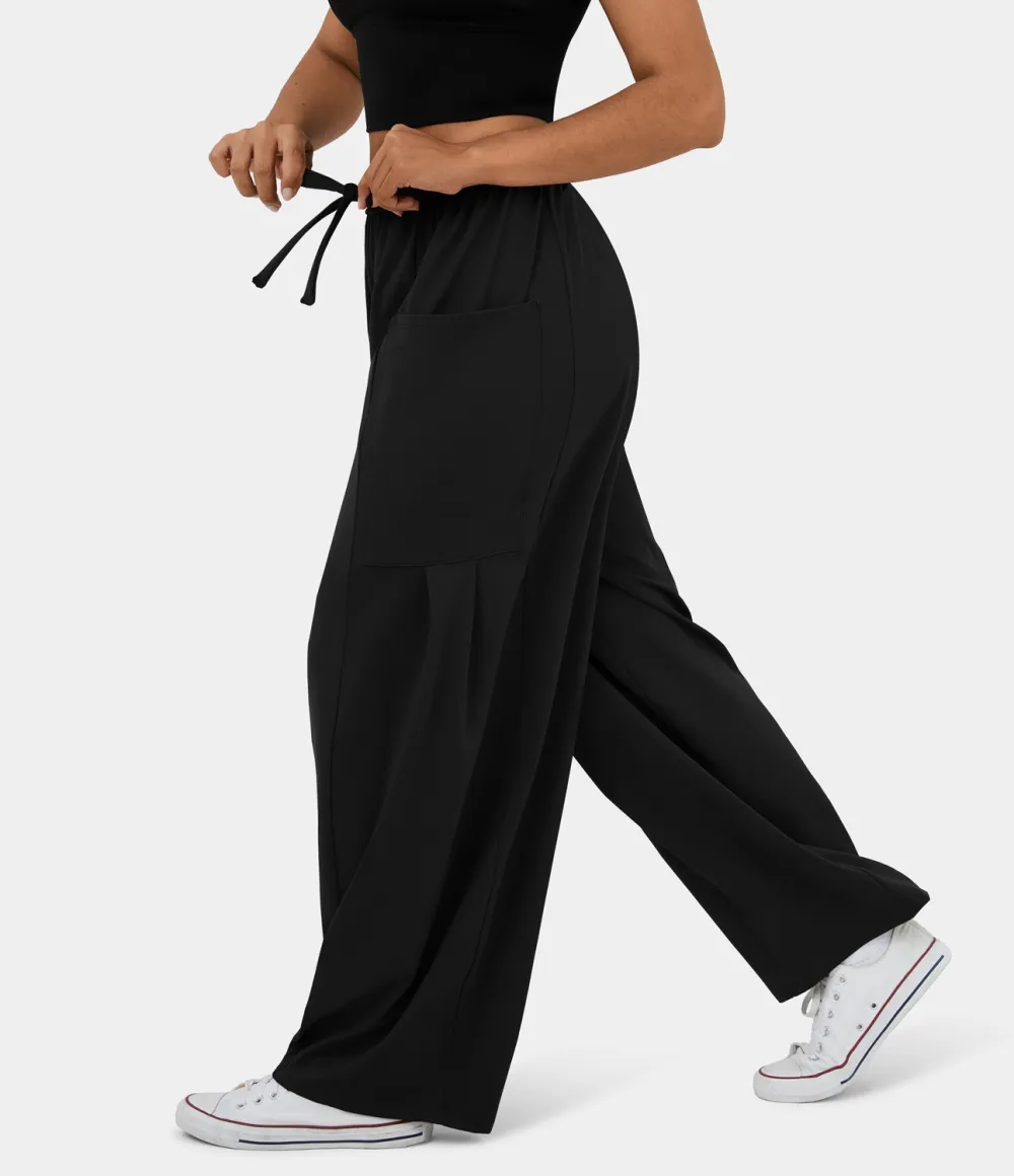 Mid Rise Elastic Waistband Drawstring Side Pocket Palazzo Flowy Wide Leg Casual Pants