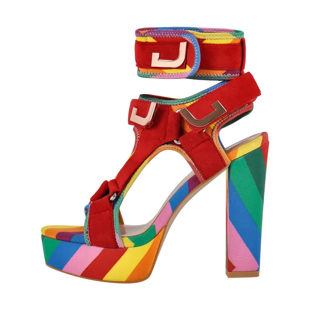Canvas Ankle Strap Chunky Heel Sandals