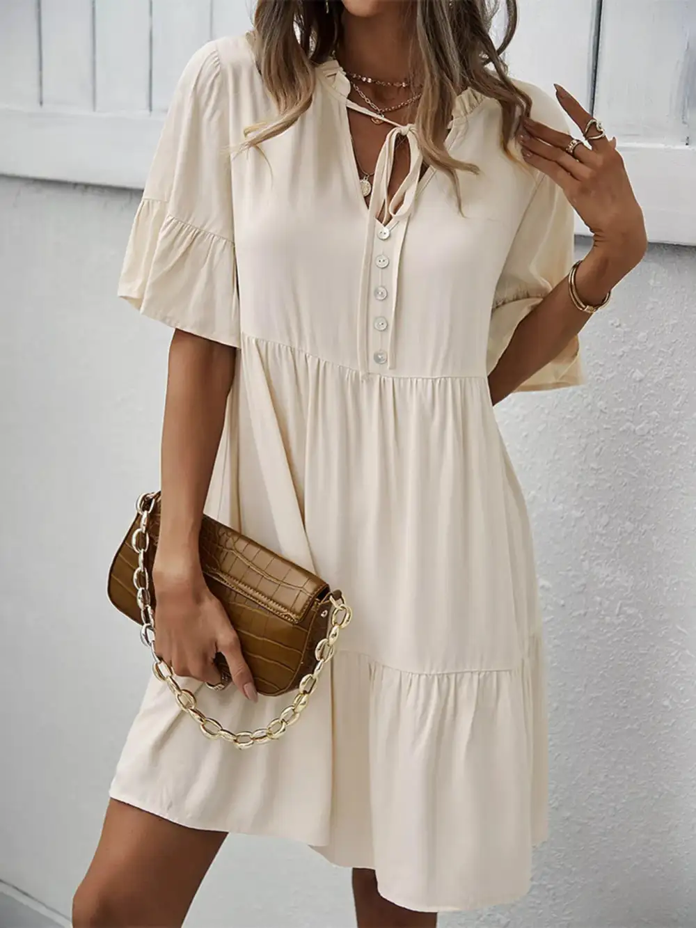 Button Front Ruffle Tiered Mini Dress