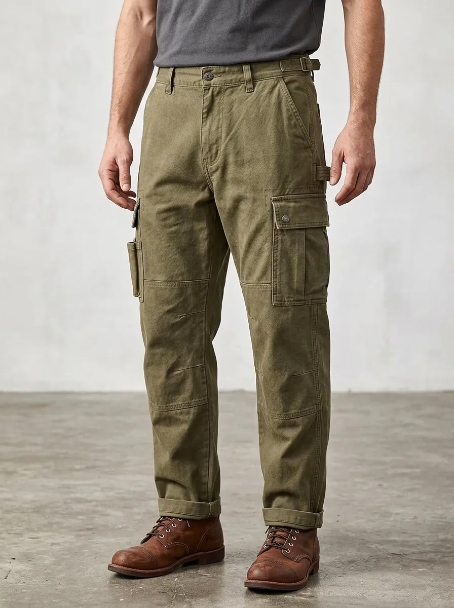 Men's Outdoor Utility Olive Green Multi-Pocket Reinforced Knee Cargo Pants