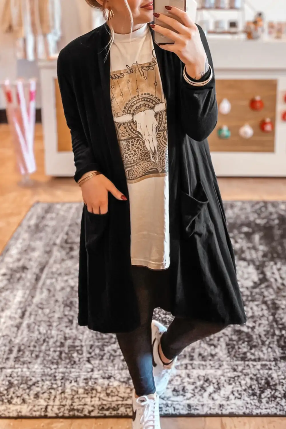 Solid Open Front Pocketed Cardigan