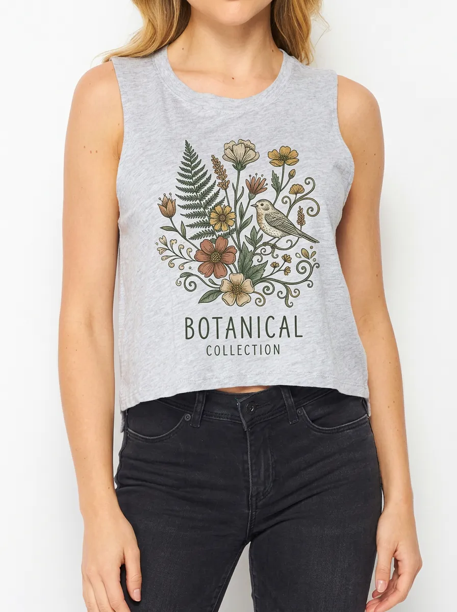 Women's Nature-Inspired Botanical Bird Floral Printed Tank Top