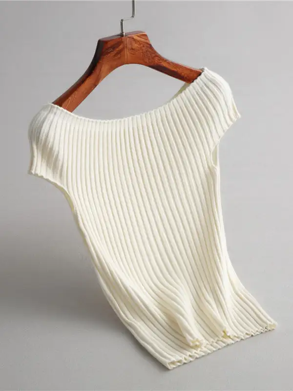 Boat Neck Short Sleeve Slim Fit Pullover Sweater