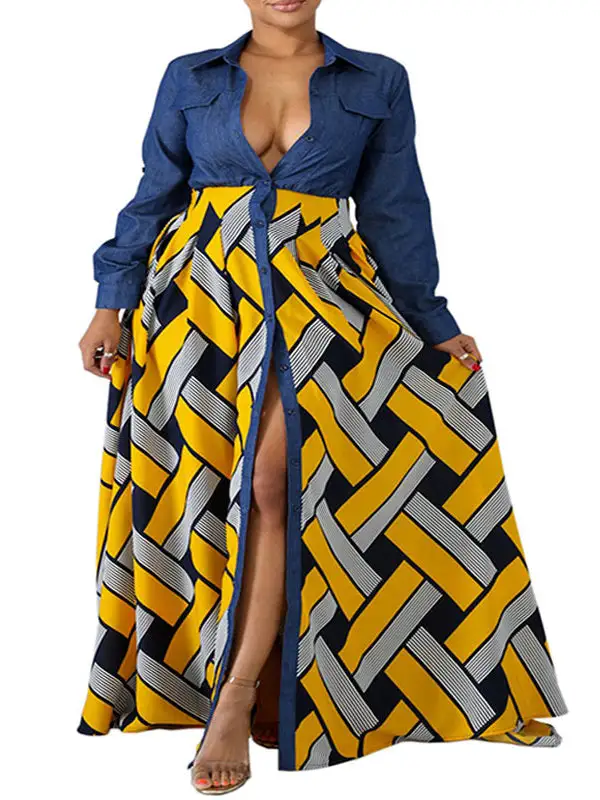 Sleeves Printed Buttoned Long Maxi Dress