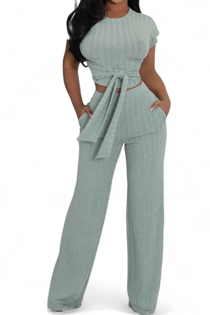 Women's Wide Leg Cropped Belted Two Piece Set