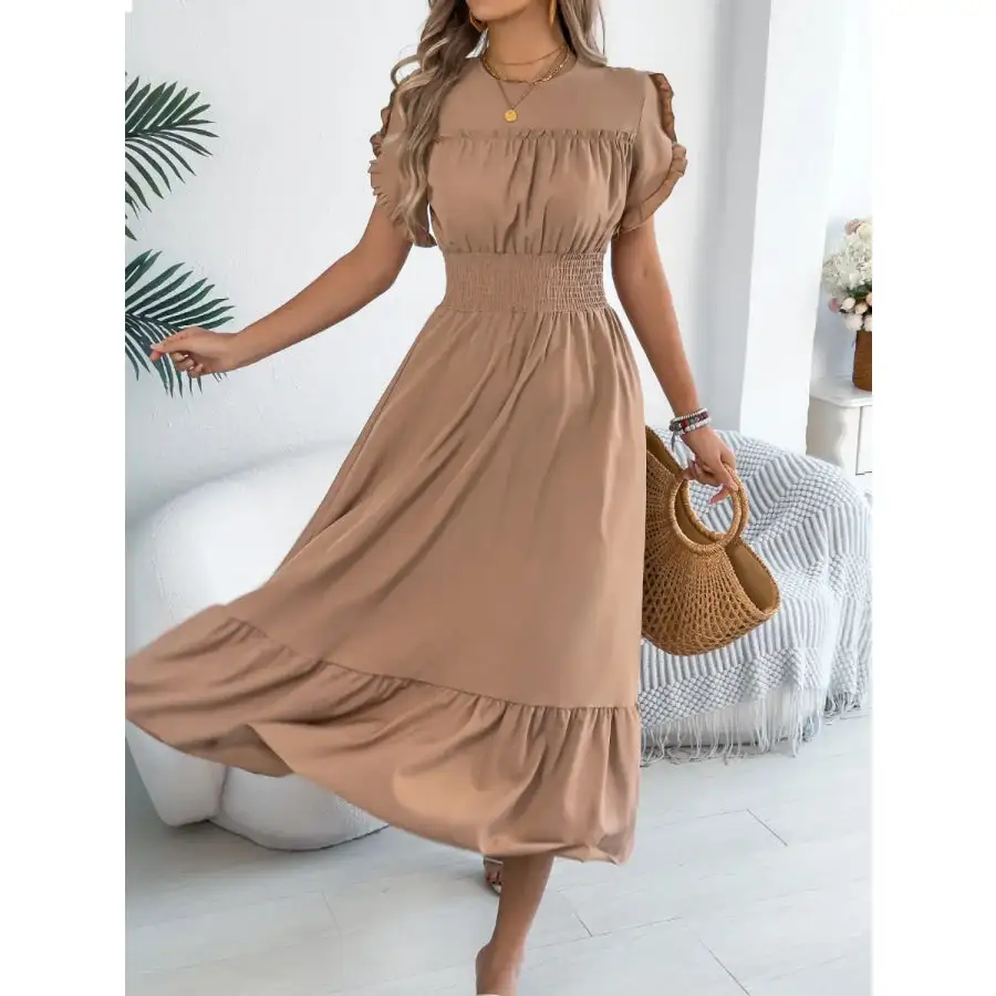 Smocked Frill Round Neck Midi Dress
