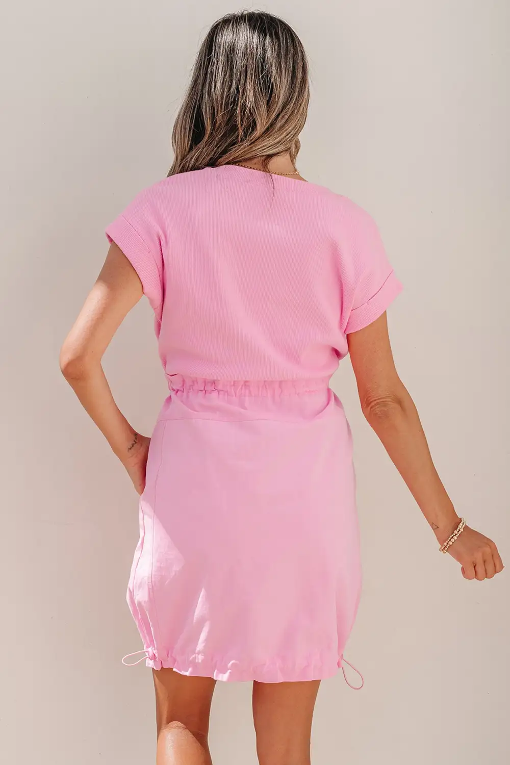 Patchwork Drawstring Short Sleeve Mini Dress