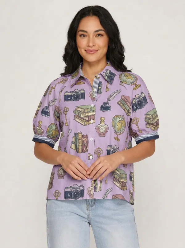 Women's Vintage Librarian Camera Books Globe Printed Shirt