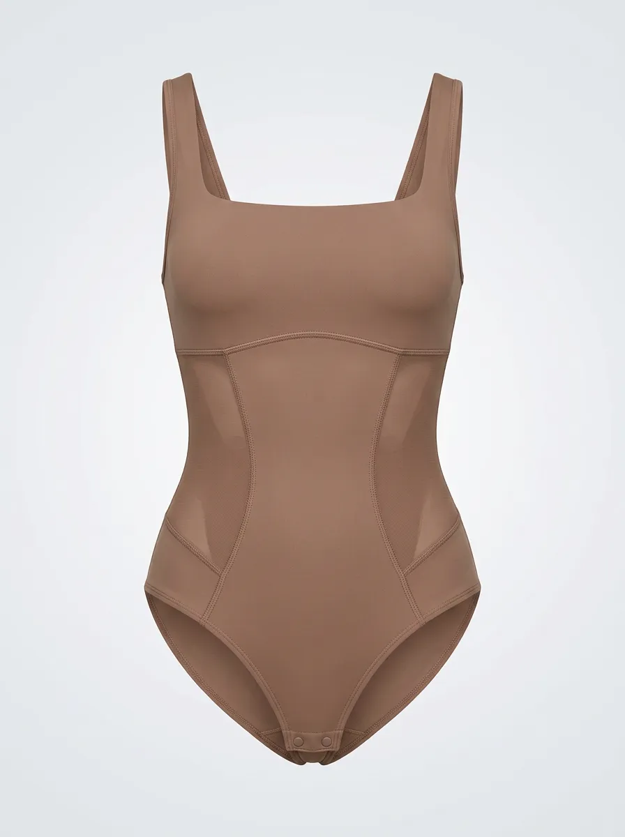 Women's Sculpting Nude Square Neck Mesh Panel Bodysuit