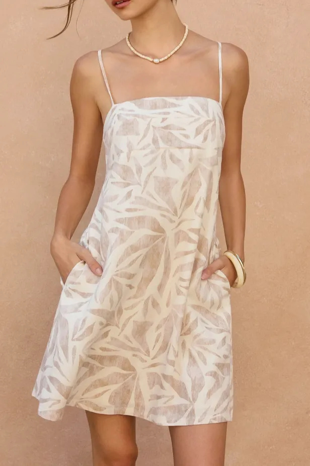 Seashore Leaf Print A-Line Mini Dress