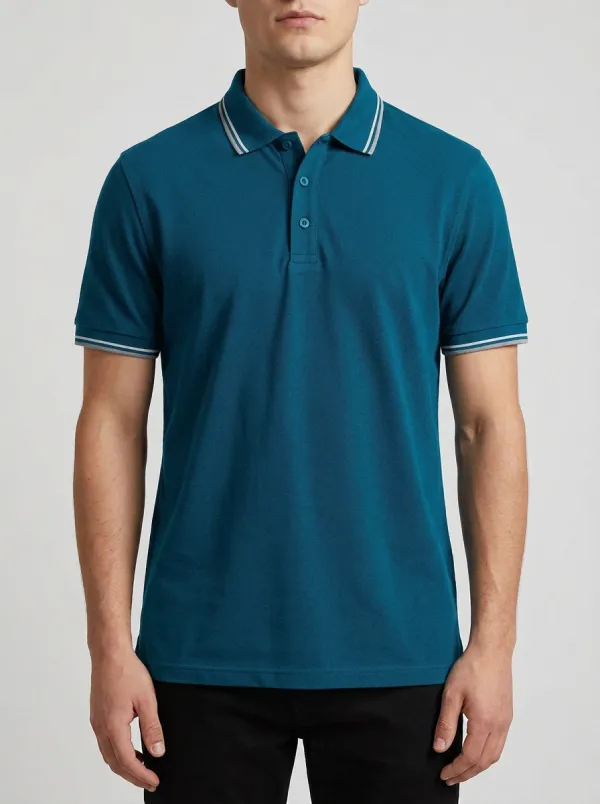 Men's Navy Blue Tipped Collar Striped Trim Polo Shirt