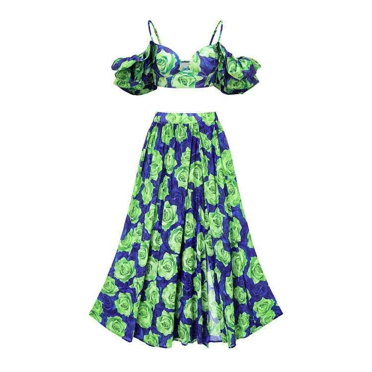 Ruffle Shoulder Two Piece Bikini Set with Skirt/pants Cover