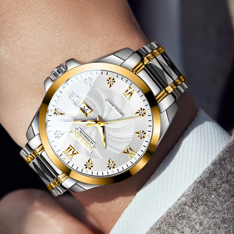 Sollen 9089 Automatic Watch - Men's Dress Citizen 8205 Wavy Dial Day Date Roman Crystal Marker 7-Bead Steel Bracelet Wristwatch