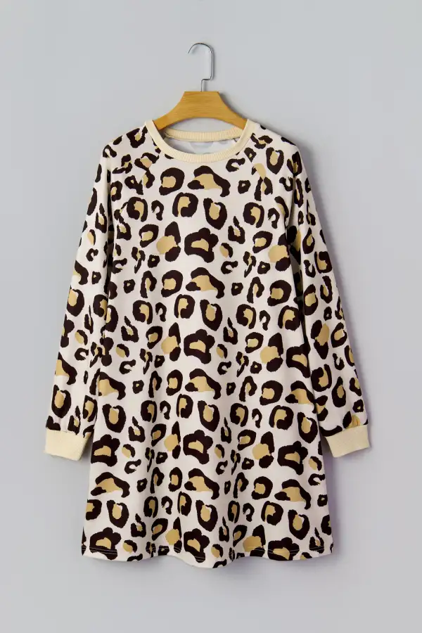 Women's Leopard Print Long Sleeve Shift Pocket Dress