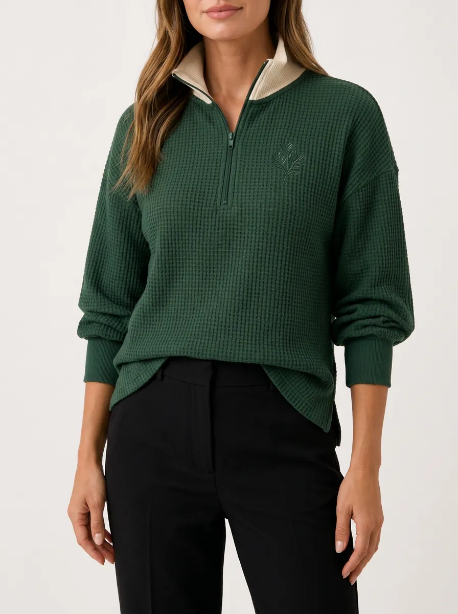 Easygoing Layered Leaf Embroidered Waffle Knit Quarter Zip Top