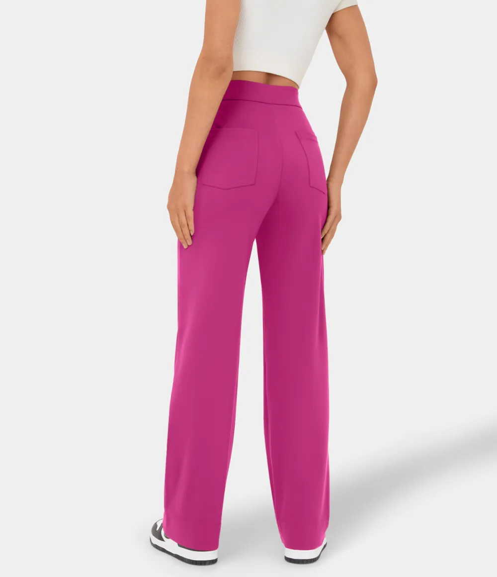 High Waisted Button Multiple Pockets Straight Leg Casual Pants