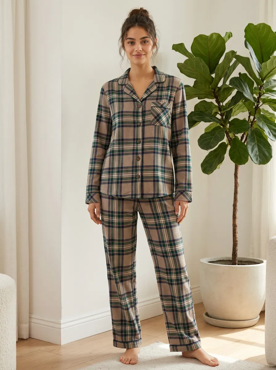 Women's Plaid Notch-Collar Loungewear Set