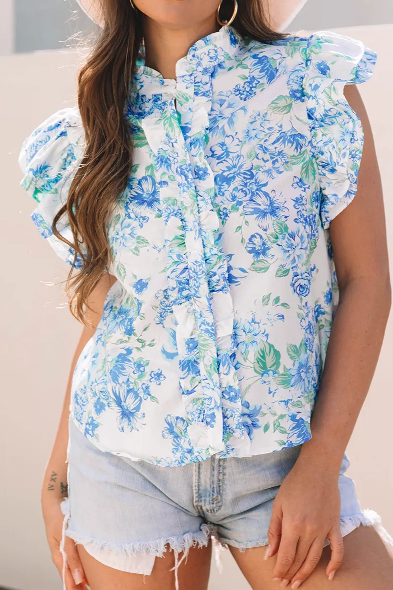 Floral Ruffled Button Front Shirt Blouse
