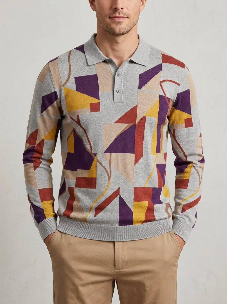 Men's Abstract Geometric Pattern Printed Long Sleeve Polo Shirt Everyday Design