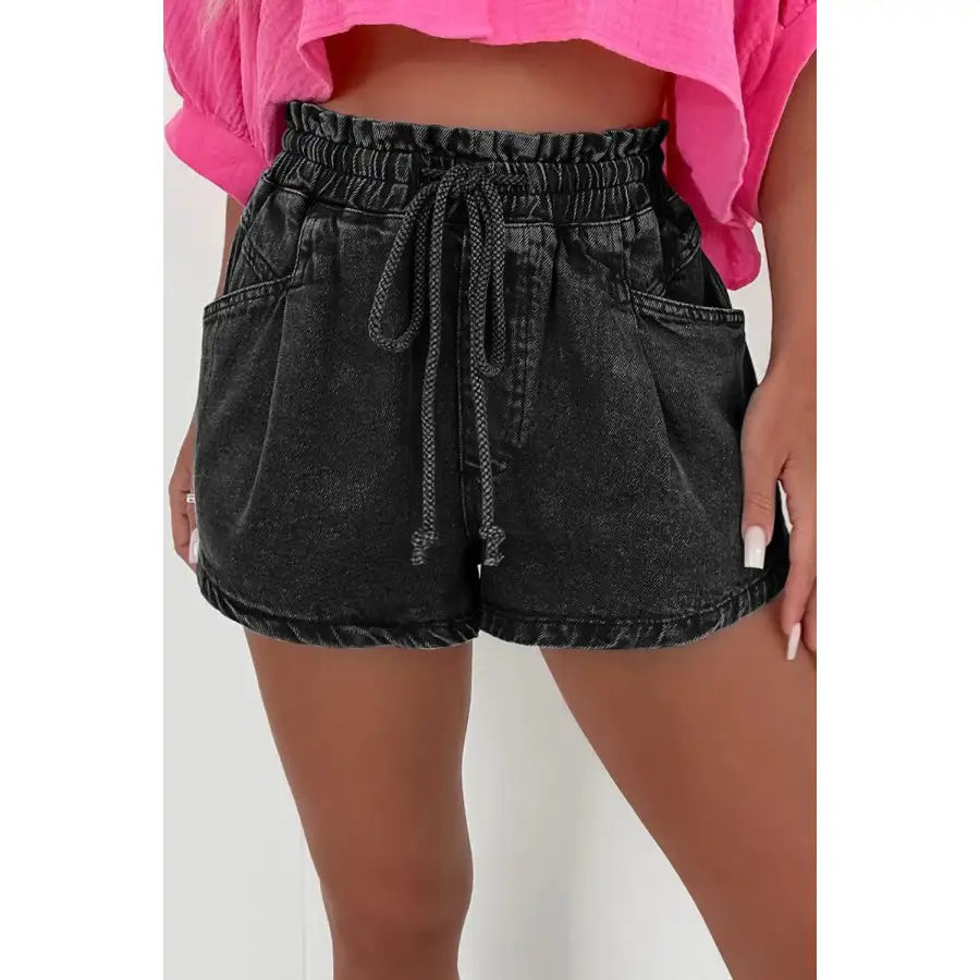 Refined Drawstring High Waist Denim Shorts with Pockets