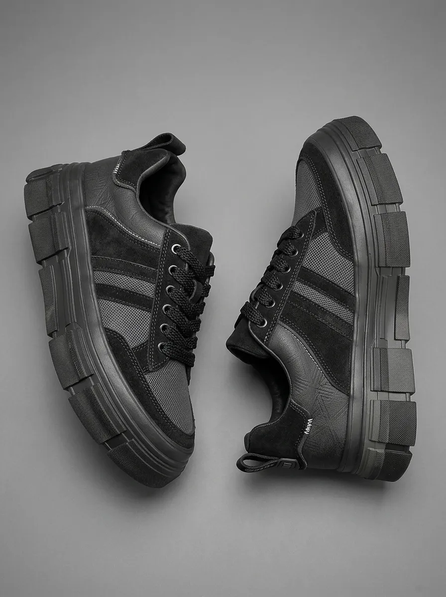 Men's Casual Streetwear Black Suede Mesh Chunky Sole Sneakers