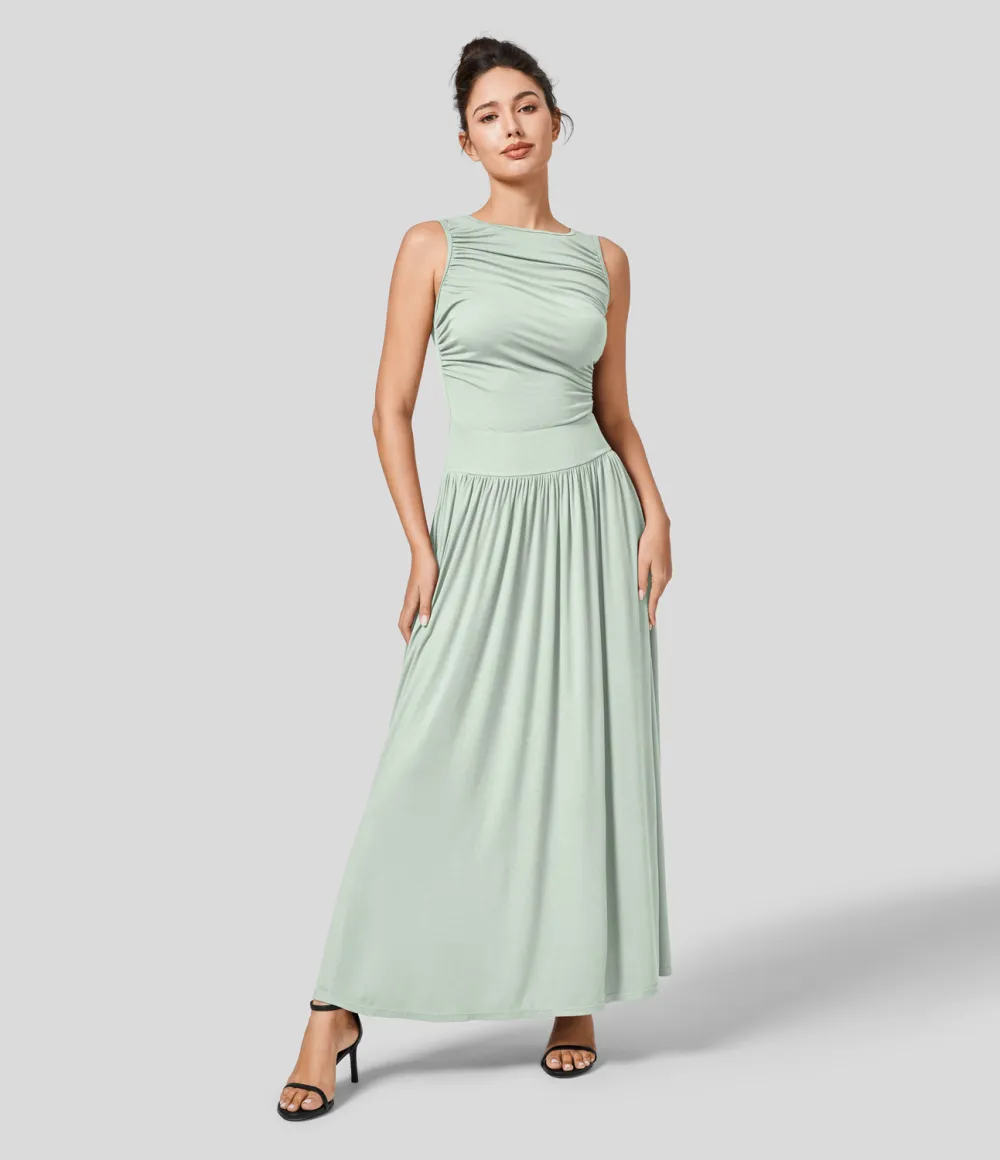 Ribbed Boat Neck Ruched Side Pocket Flowy Maxi Casual Dress