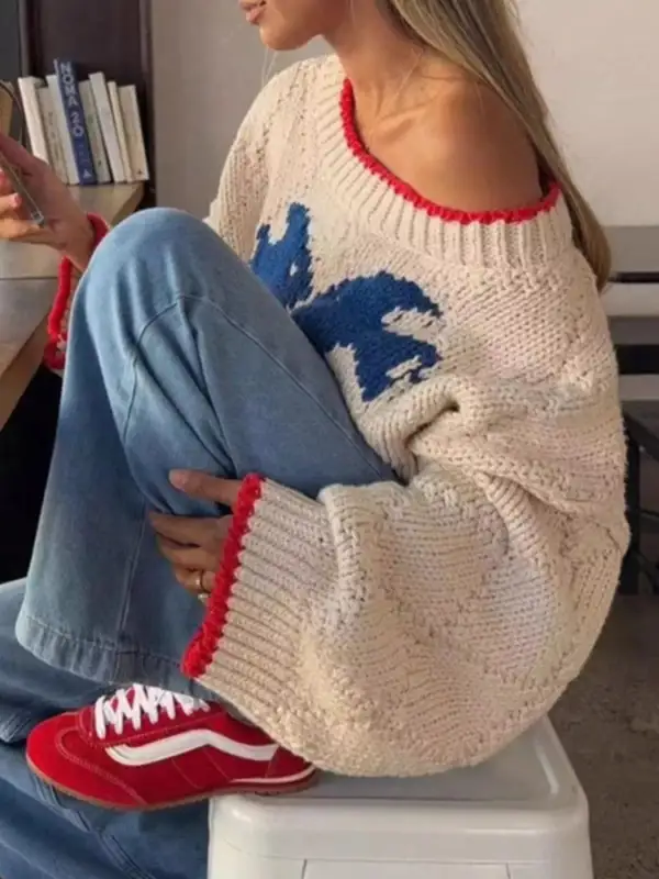 Round Neck Contrast Trim Sweater