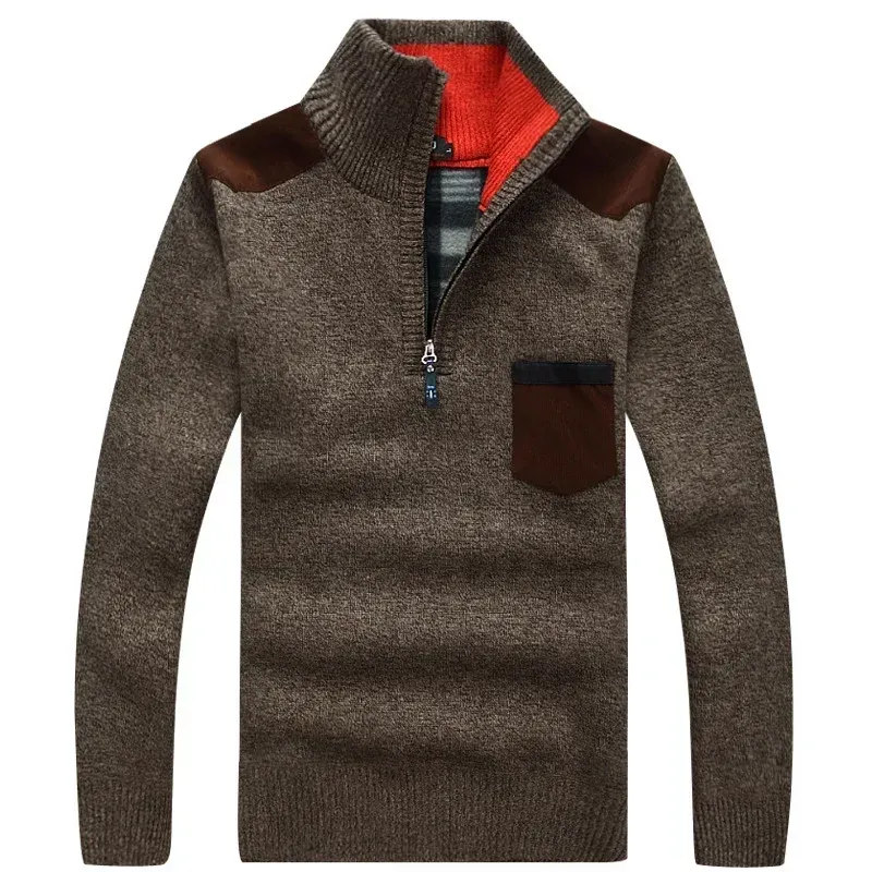 Fleece Turtleneck Patchwork Zip Front Men's Sweater