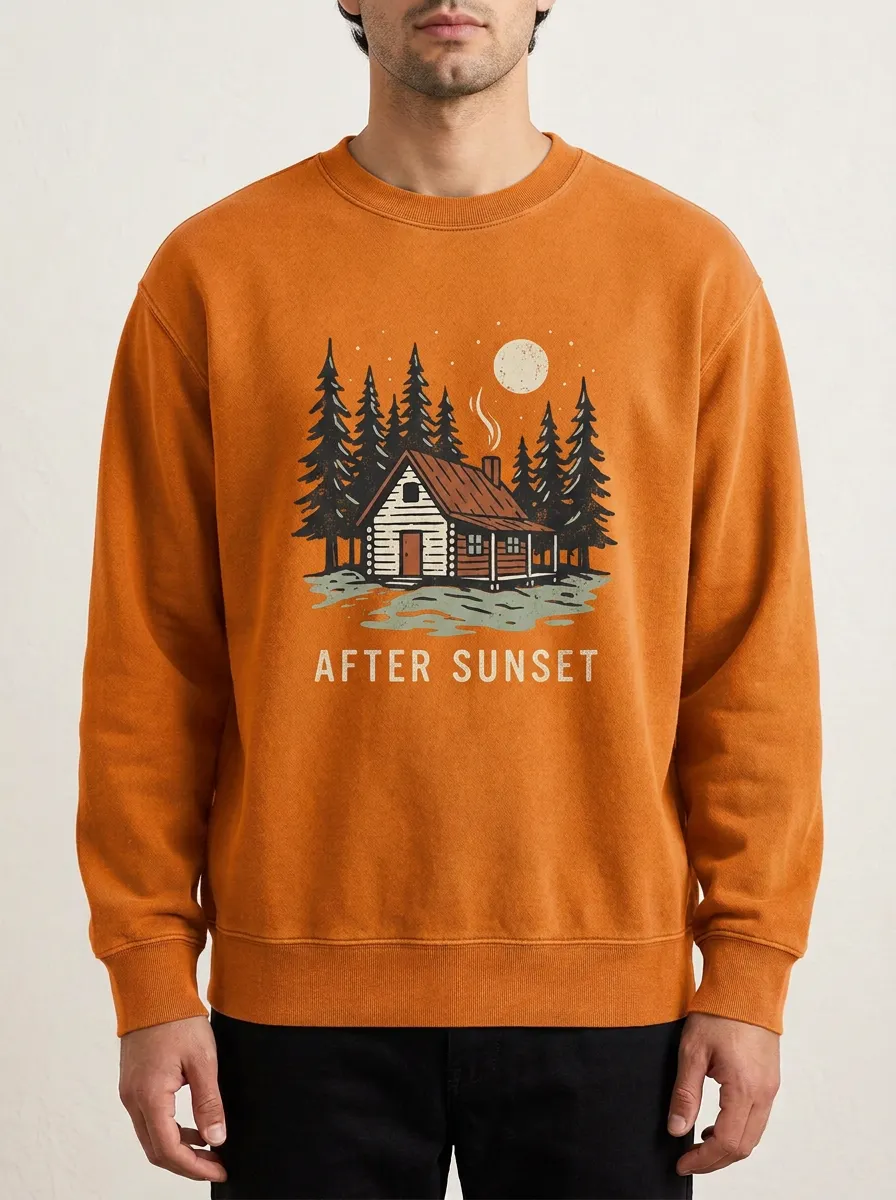 Men's Nature Lover Cabin Forest After Sunset Printed Sweatshirt