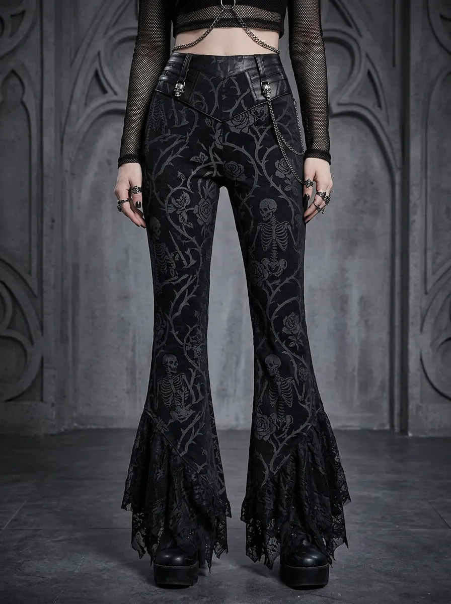 Alternative Skull Rose Floral Darkwear Style Women's Gothic Flare Pants