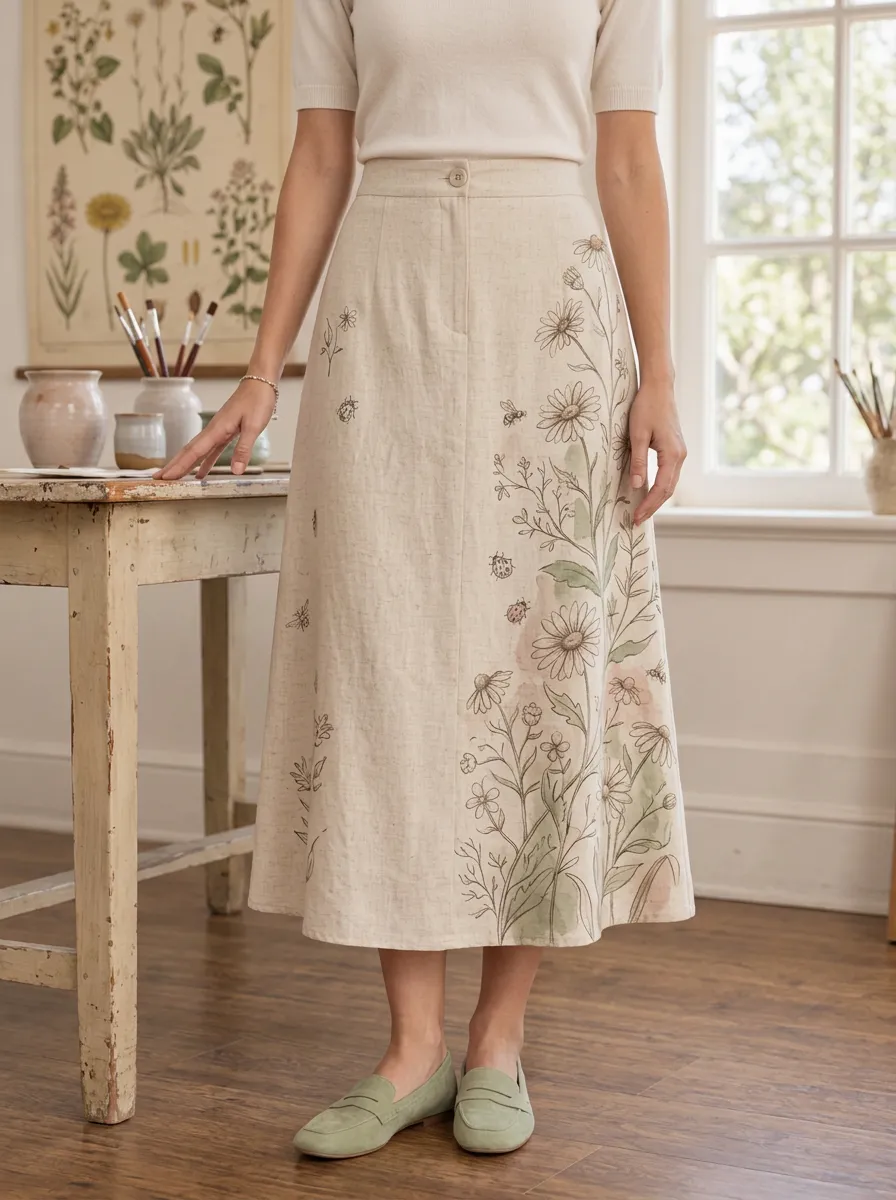 Women's Botanical Garden Lover Daisy Ladybug Printed Midi Skirt