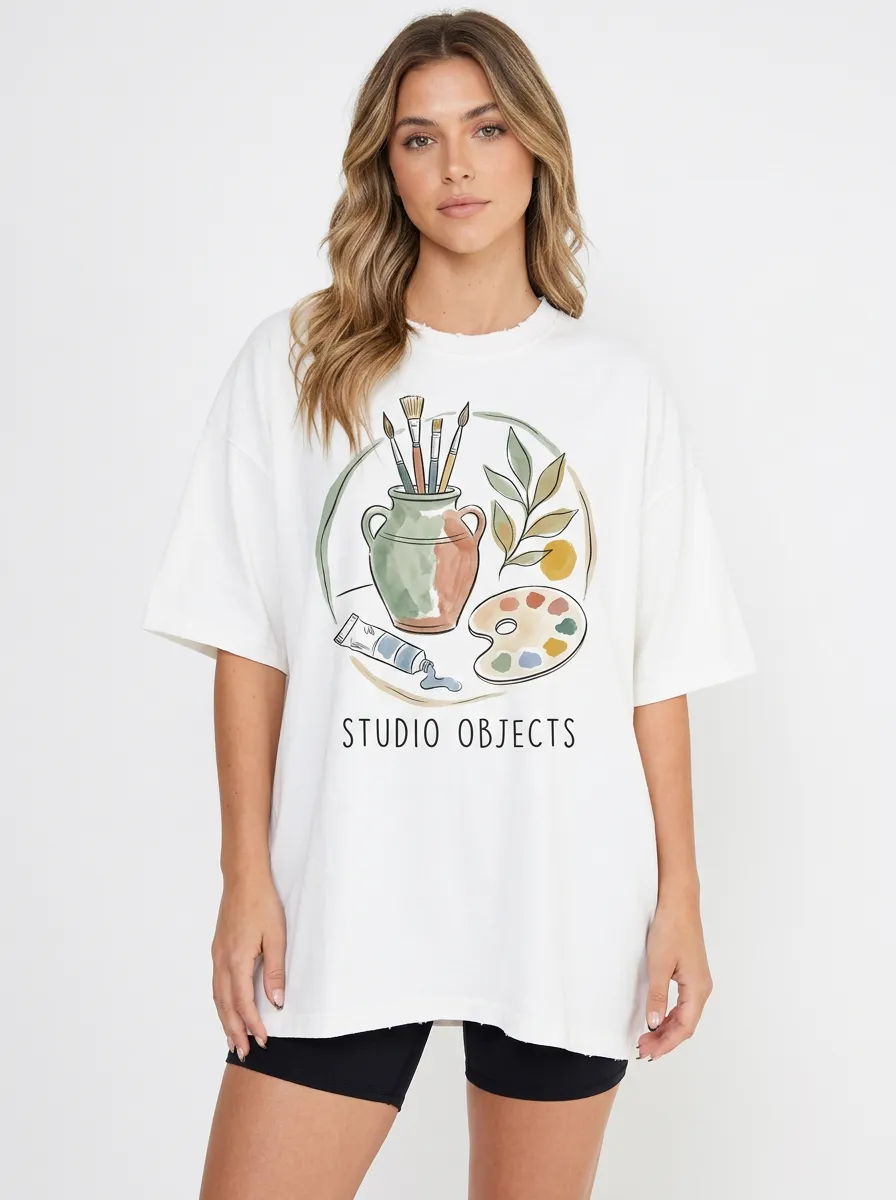 Women's Artist Studio Objects Paintbrush Palette Printed T-shirt