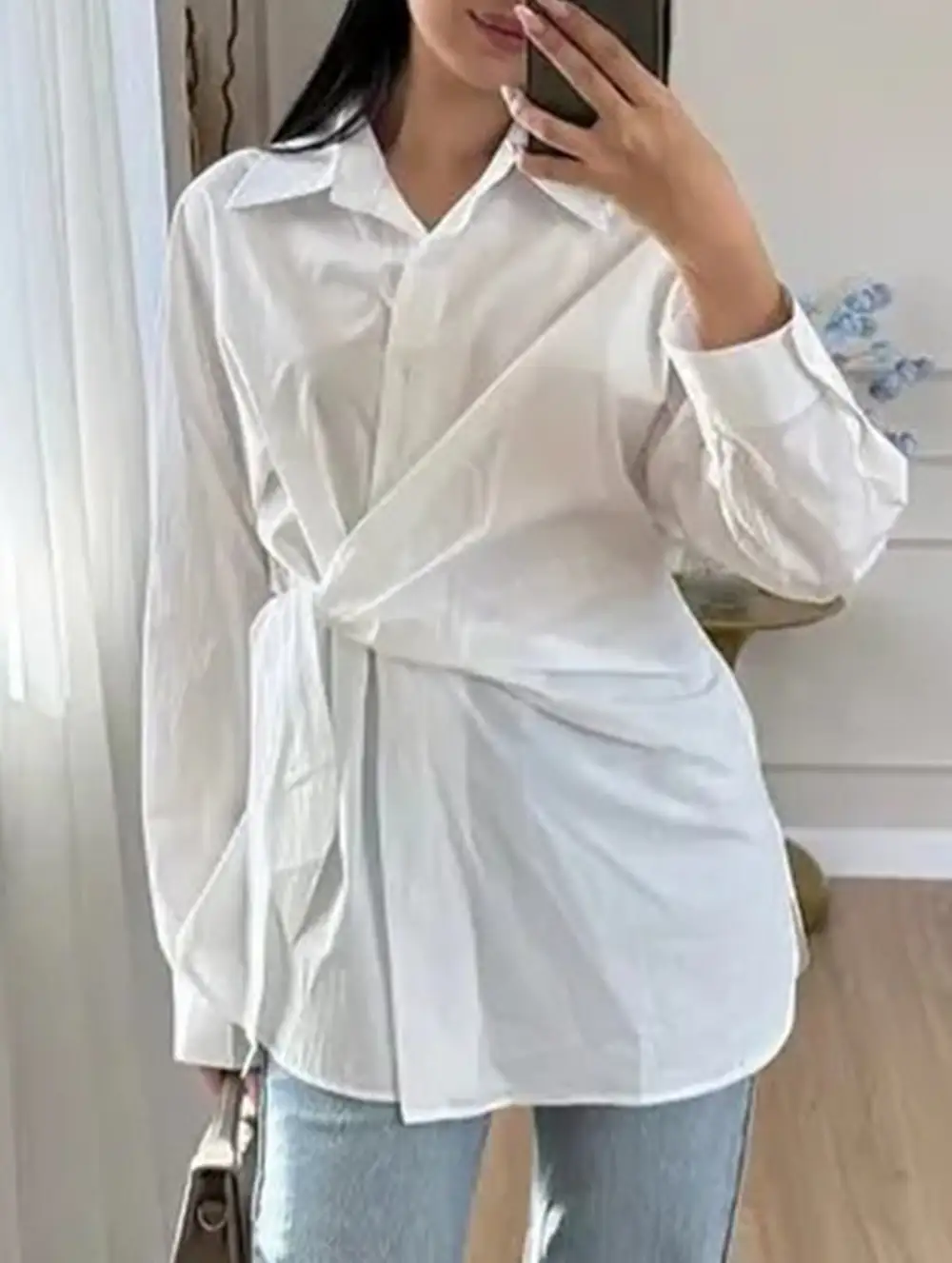 Lapel Button Tie Waist Slim Shirt