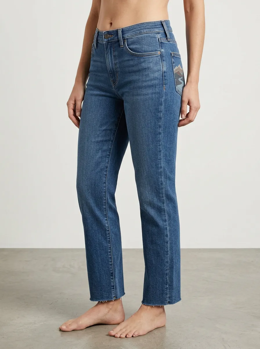 Women's Mountain Landscape Embroidered Back-Pocket Frayed-Hem High-Rise Straight-Leg Jeans
