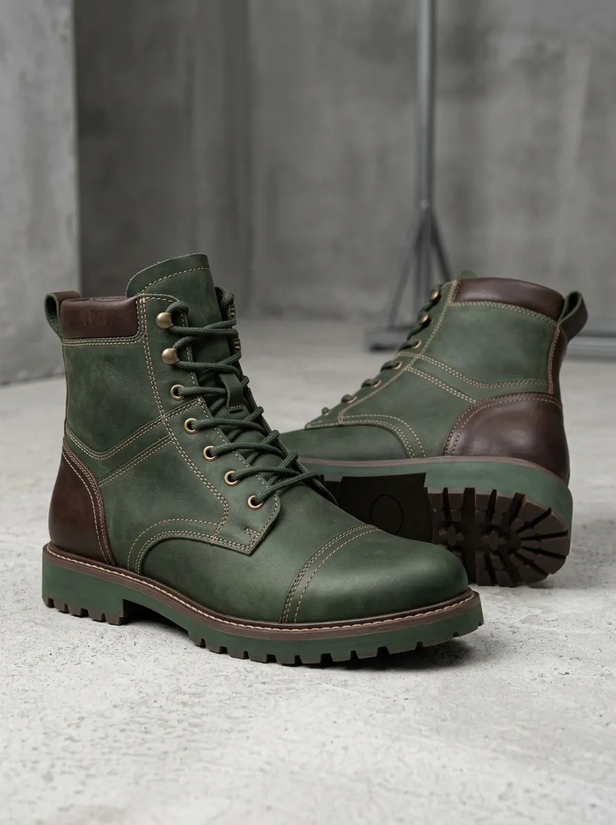 Men's Brown Lace Up Combat Boots with Leather and Printed Detail