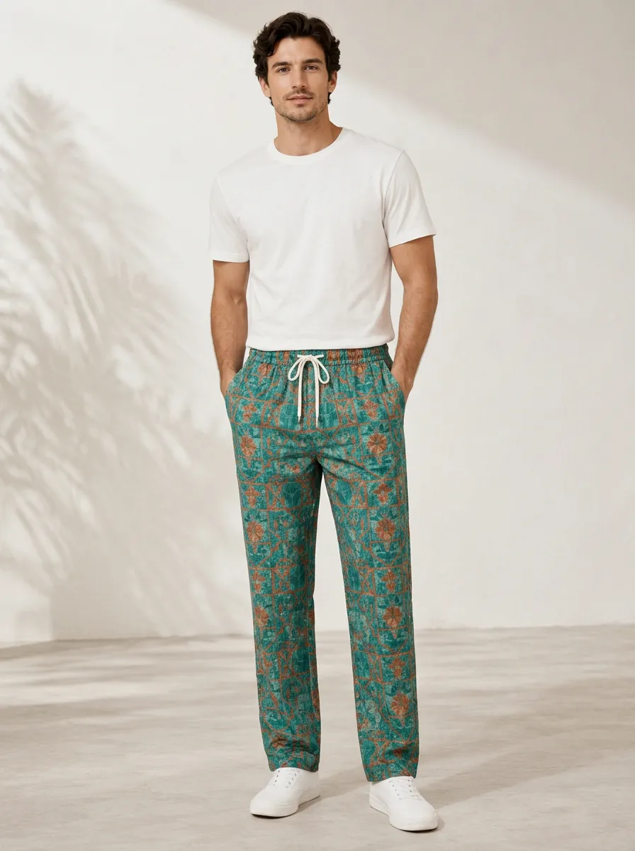 Men's Printed Casual Pants with Graphic Print Geometric Print Floral Print Detail