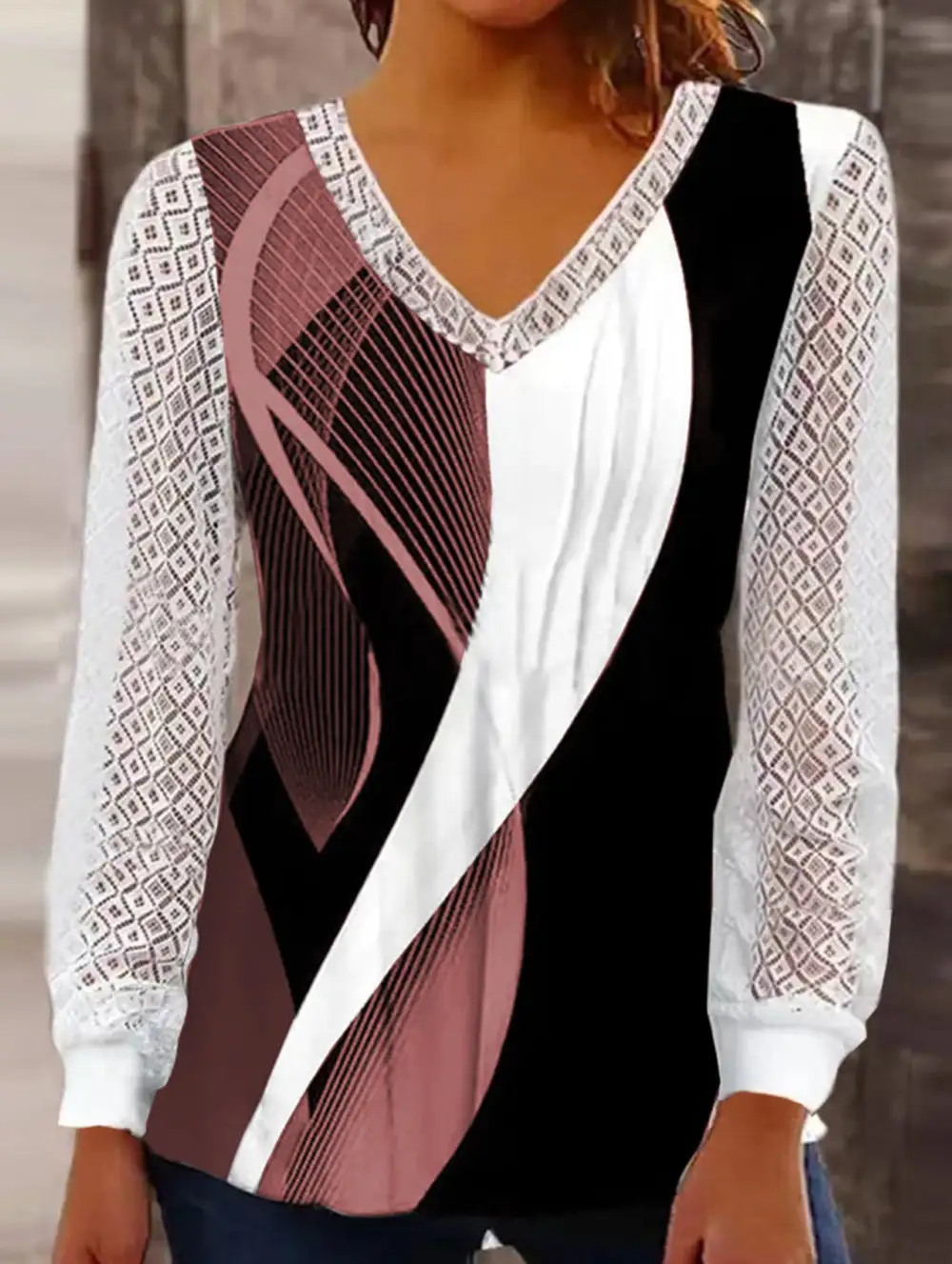 V-Neck Loose Printed Hollow Lace Top