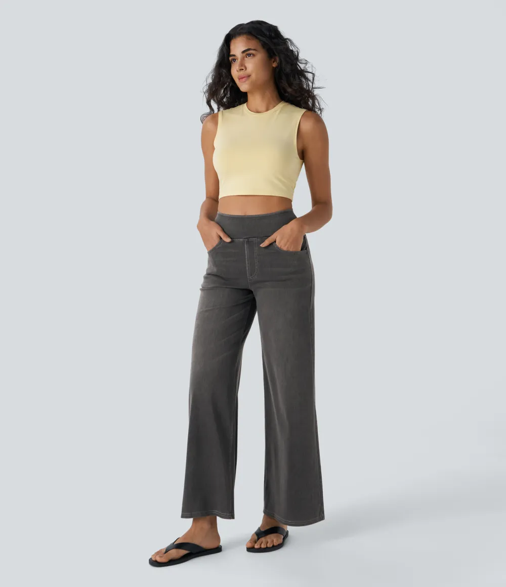 Magic High Waisted Multiple Pockets Wide Leg Washed Stretchy Knit Casual Jeans