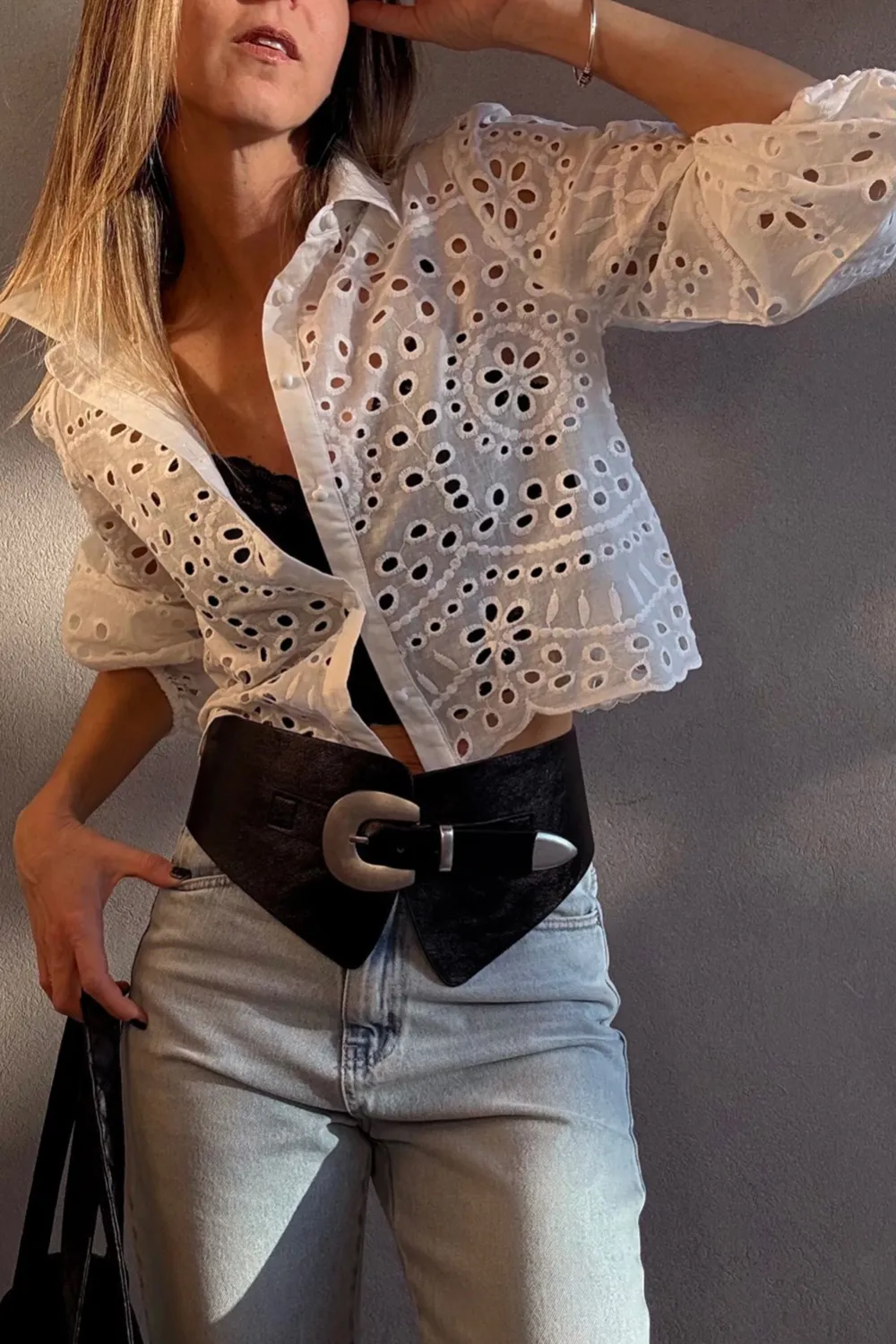 White Eyelet Embroidered Puff Sleeve Shirt