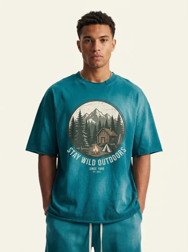 Men's Camping Lover Mountain Cabin Stay Wild Outdoors Printed T-shirt