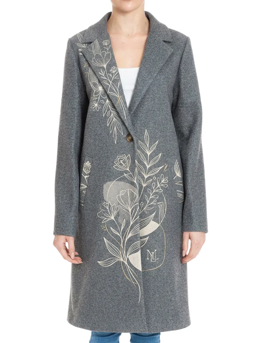 Women's Line Art Floral Art Grey Wool Blend Coat