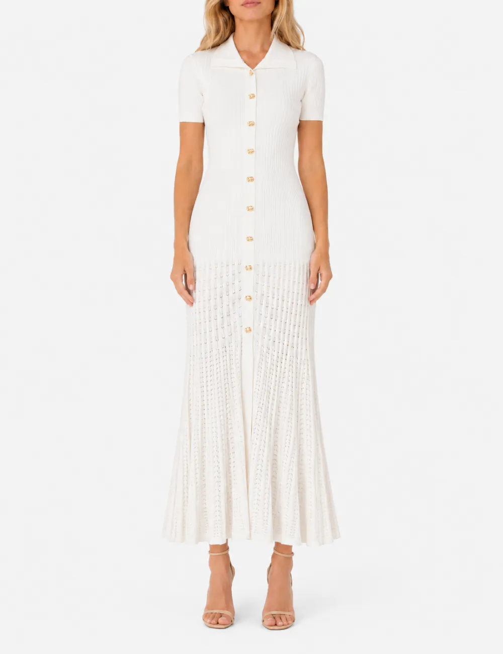 Chic Ribbed Polo Collar Short Sleeves Maxi Dress