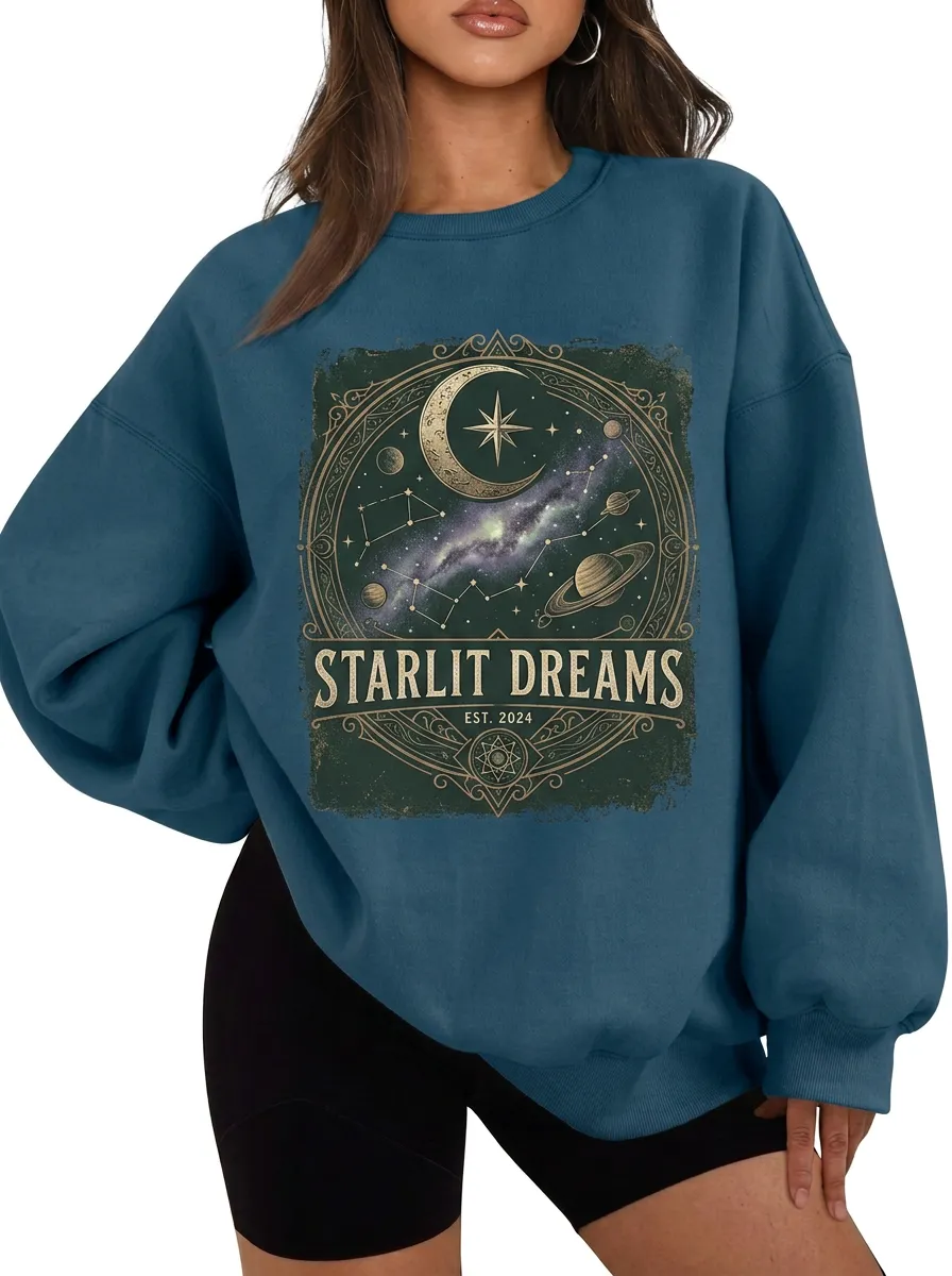 Women's Celestial Starlit Dreams Moon Planet Printed T-shirt