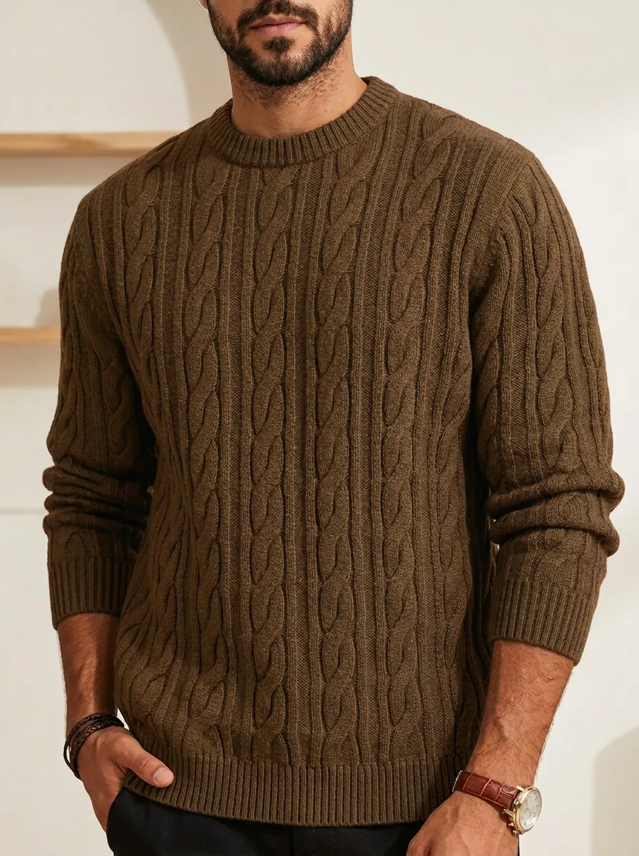 Men’s Ribbed Cable-Knit Crewneck Easygoing Sweater