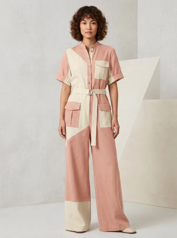 Women's Marin Casual Olive Beige Patchwork Colorblock Belted Jumpsuit