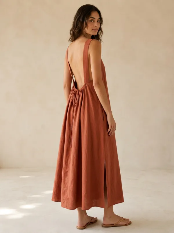 Women's Boho Linen Backless Dress
