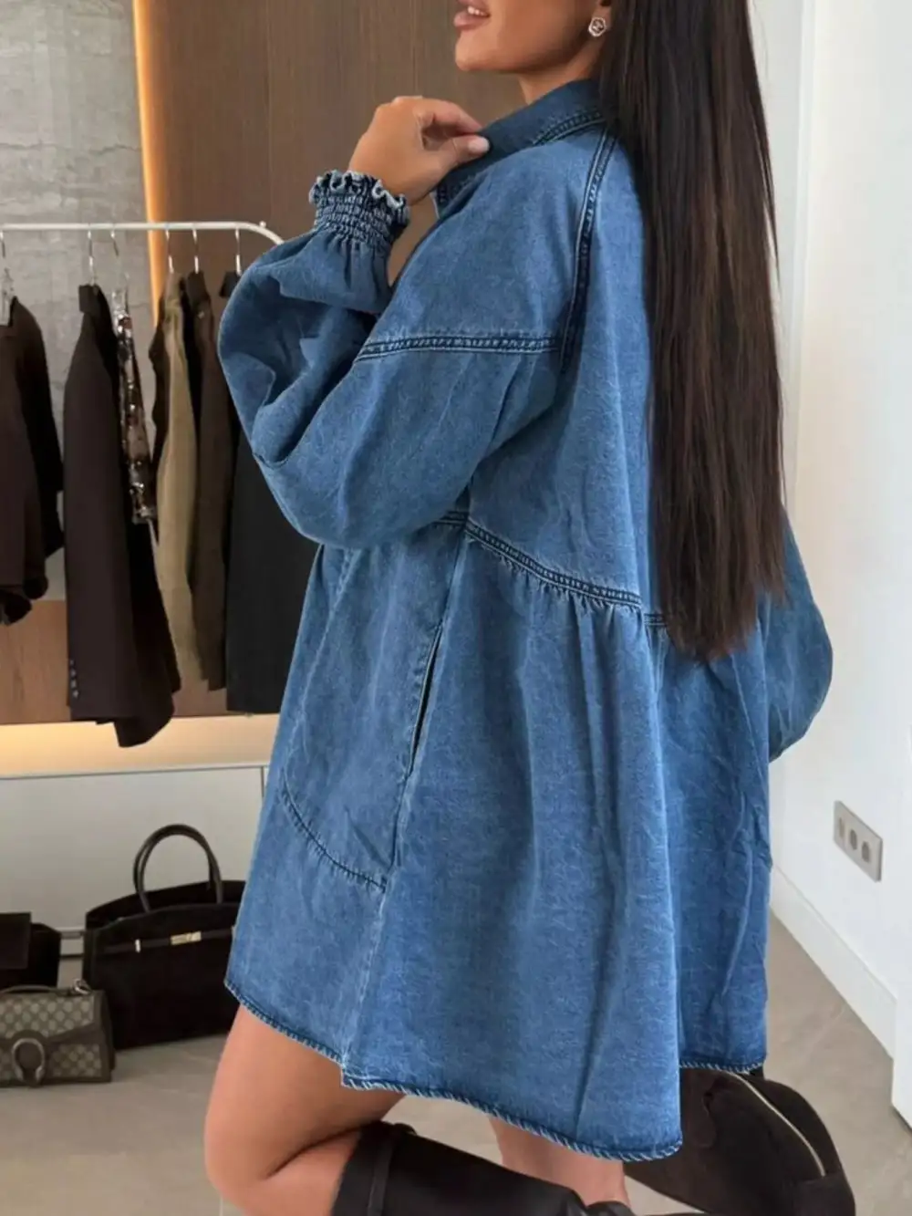 Denim Button Front Pocketed Mini Dress